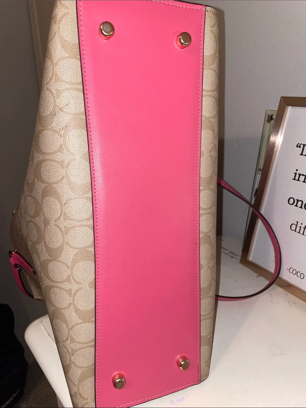 Coach Beige Signature Tote with Pink Handles